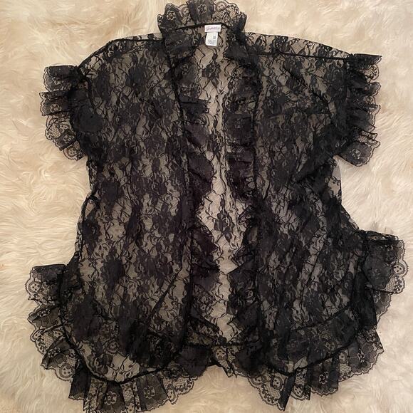Vintage Frederick’s Hollywood Black Lace Ruffle Robe | OS Boudoir Kimono Y2K - Picture 1 of 8